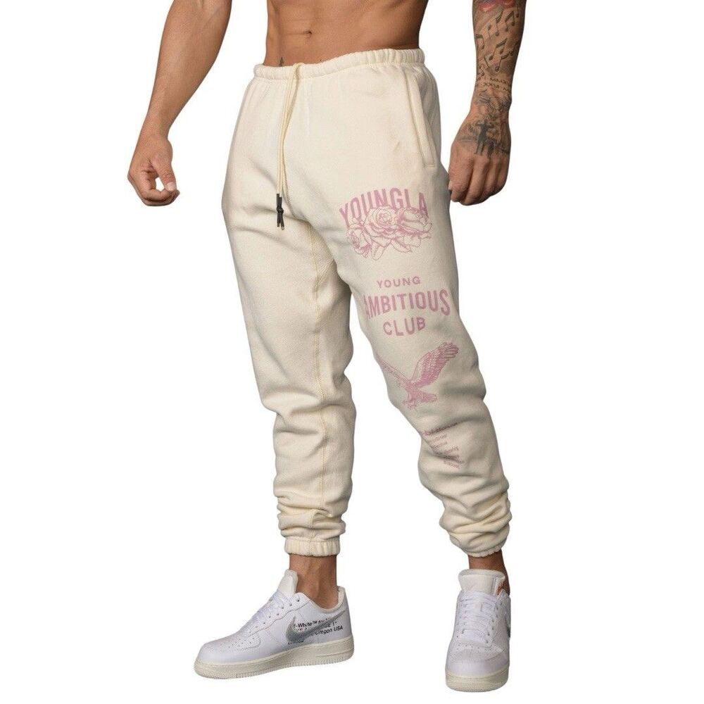 Young LA Men’s The Immortal Joggers 233 Off-White 100% Cotton Gym Pants Small